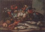 unknow artist Still life of a basket of flowers,fruit,lobster,fish and a cat,all upon a stone ledge oil on canvas